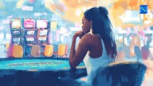 A digital painting of a woman in a white dress sitting at a casino table, deep in thought, with colorful slot machines glowing in the background, evoking a contemplative and suspenseful mood.”