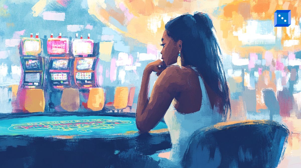 A digital painting of a woman in a white dress sitting at a casino table, deep in thought, with colorful slot machines glowing in the background, evoking a contemplative and suspenseful mood.”