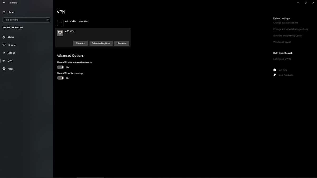 Windows 10 VPN administration page