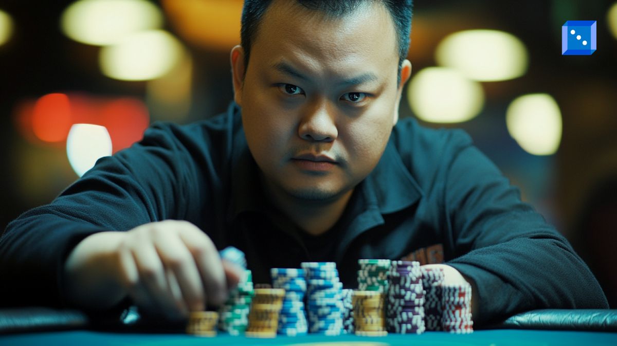 A focused poker player wearing a black shirt sits at a casino table, stacking colorful poker chips. His intense gaze and the dimly lit background with blurred lights create a dramatic atmosphere.