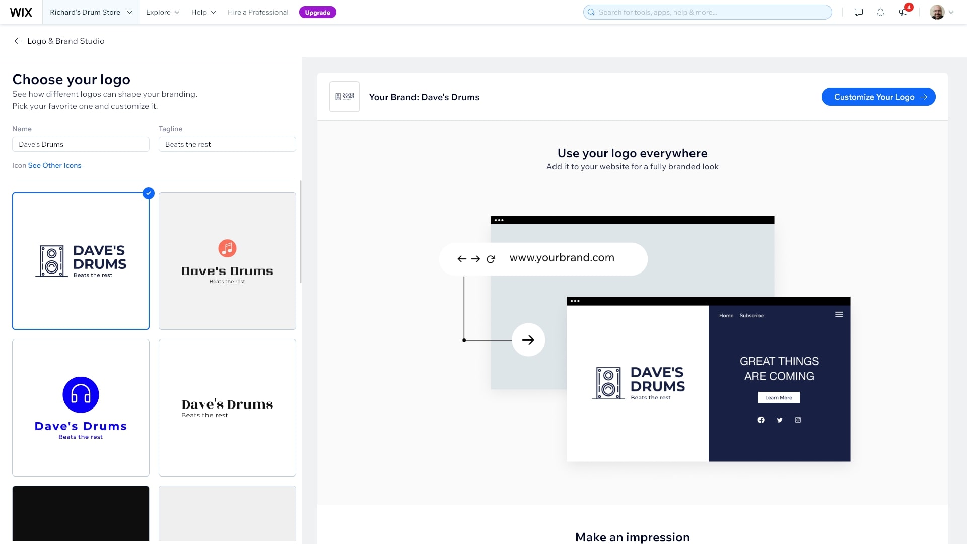 Wix's logo generation tool