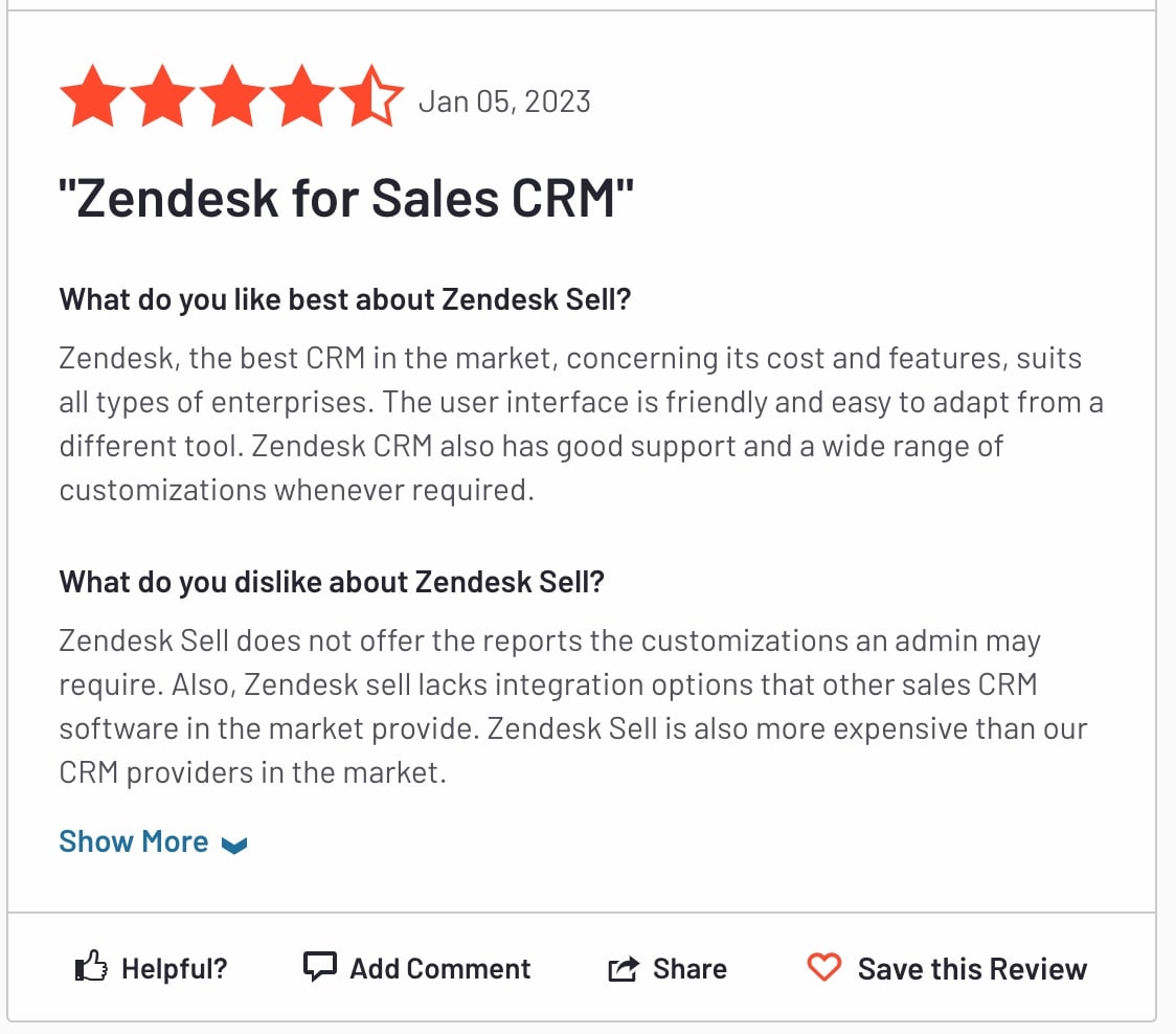 Online Zendesk review that ranks Zendesk Sell 4.5 stars.