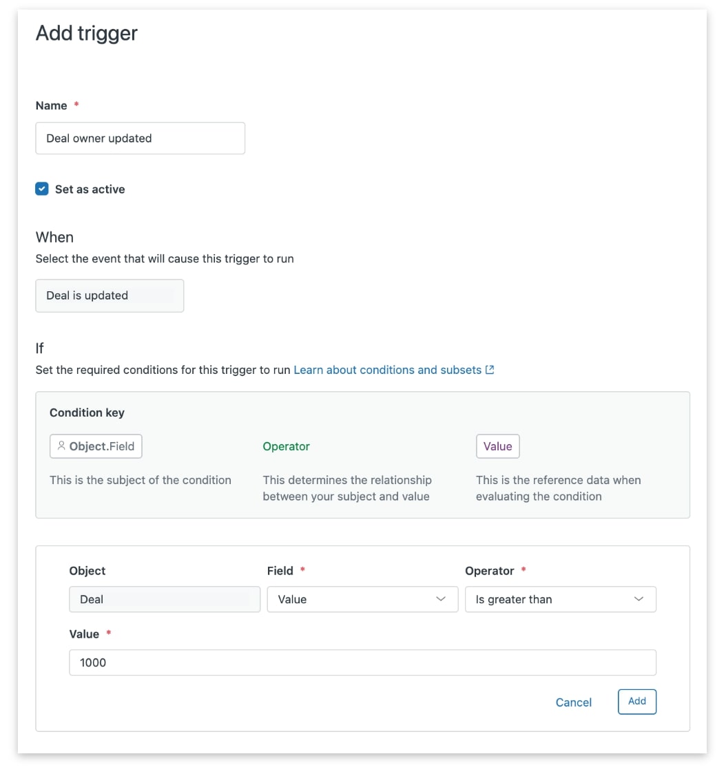 Page labeled "Add trigger" with customization options