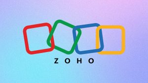 A logo of Zoho CRM on a colored background