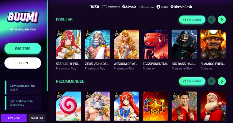 Skärmbild på Buumi online casino på dator