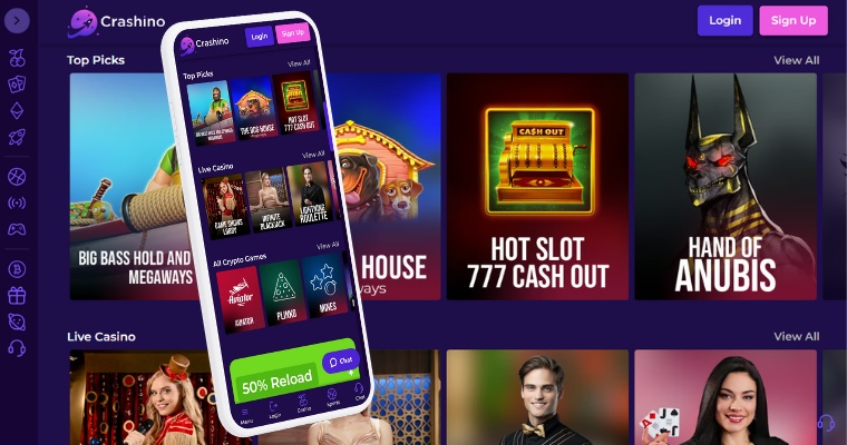 Skärmbild på Crashino online casino på mobil och dator