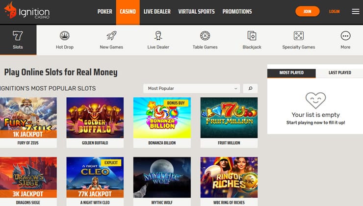 Ignition Casino Slots Lobby