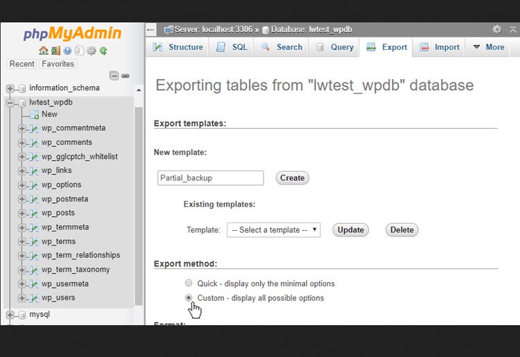 Exporting a site database from Liquid Web using phpMyAdmin