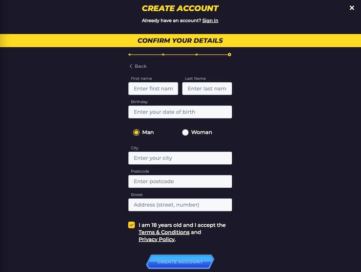 Create username and password, and confirm details