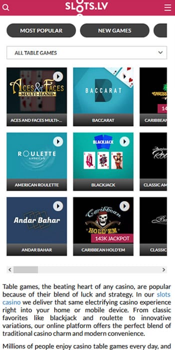 Slots.LV Table Games Mobile App