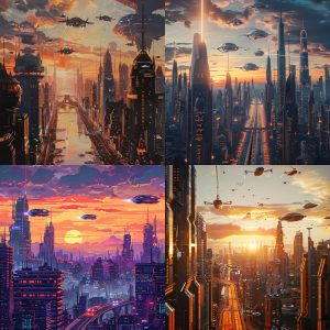 A futuristic cityscape at sunset generated by Midjourney.