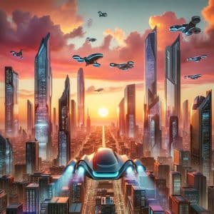 A futuristic cityscape at sunset generated by DALL-E.