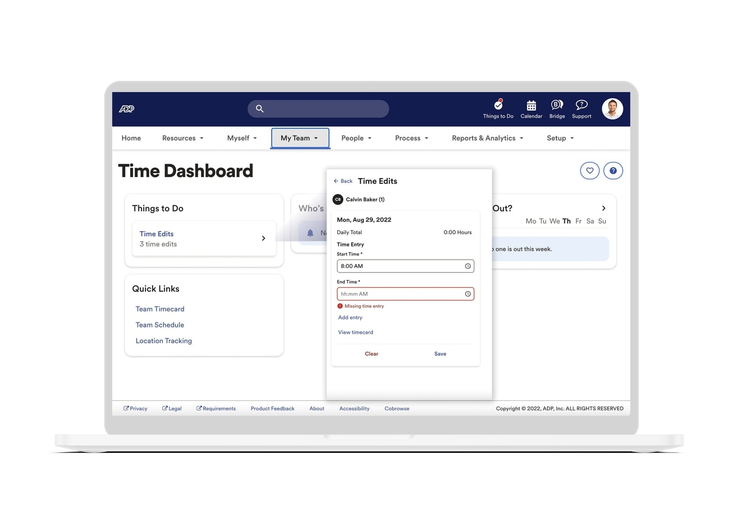 Track your team's attendence and tasks with ADP's time dashboard