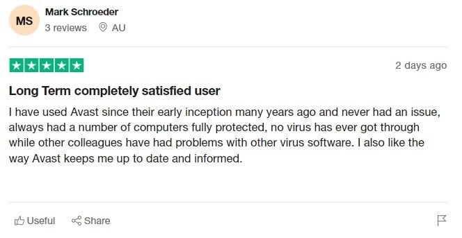 Avast Antivirus review on TrustPilot