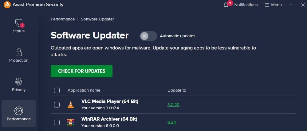 Avast Software Updater feature