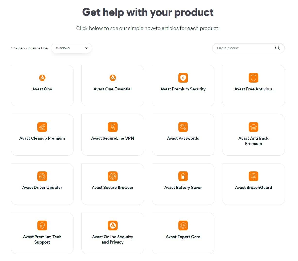 Avast's support center