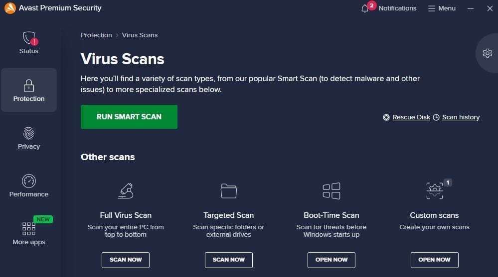 Avast's virus scans on Windows