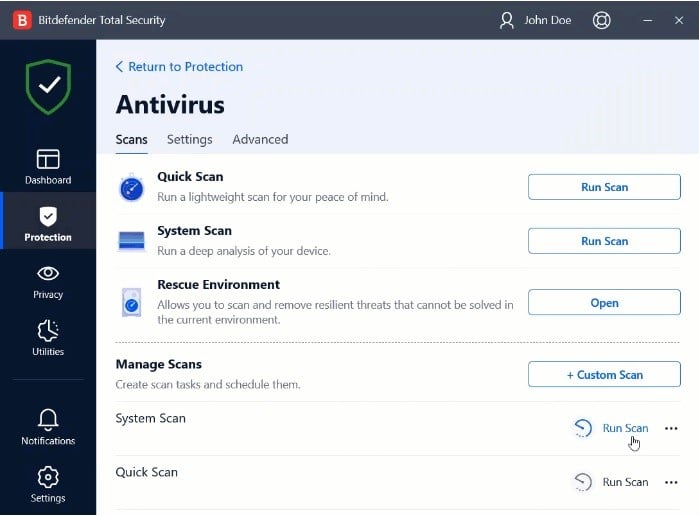 Bitdefender scan options
