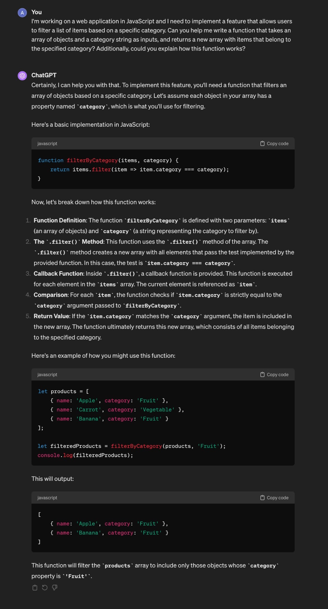 ChatGPT helping with a Javascript for filtering data by category