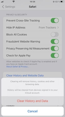 Scroll down and click the <strong>Clear History and Website Data</strong> button.