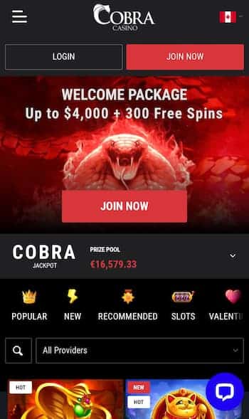Cobra Casino Canada Mobile Homepage