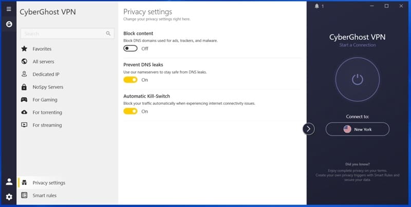 CyberGhost VPN's privacy settings