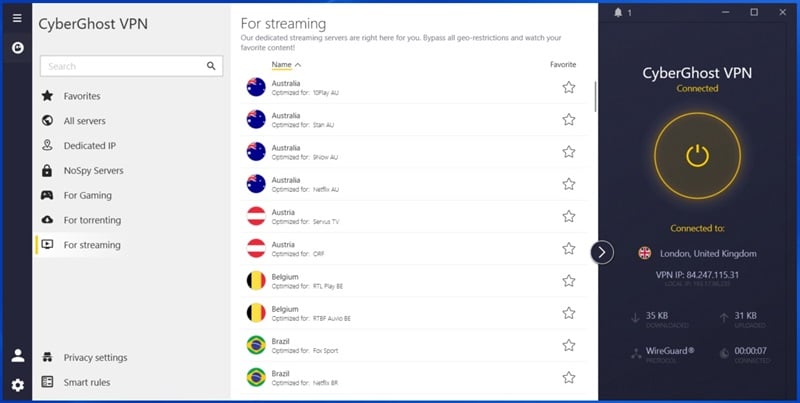 CyberGhost VPN's streaming servers