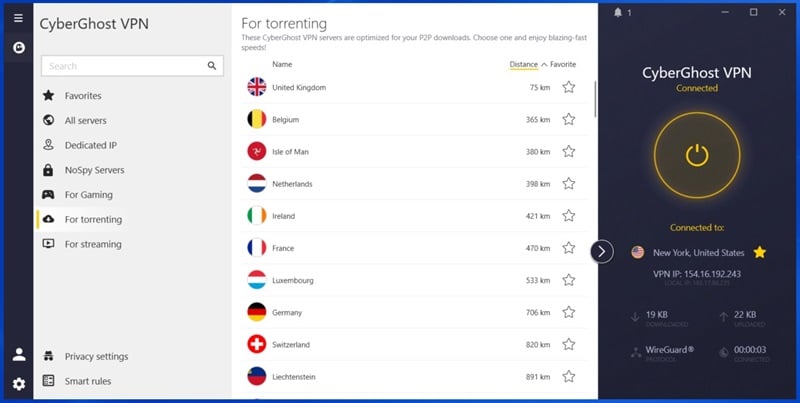 CyberGhost VPN's torrenting servers