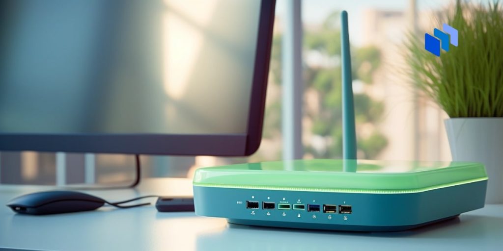 An image of a WiFi router next to a screen