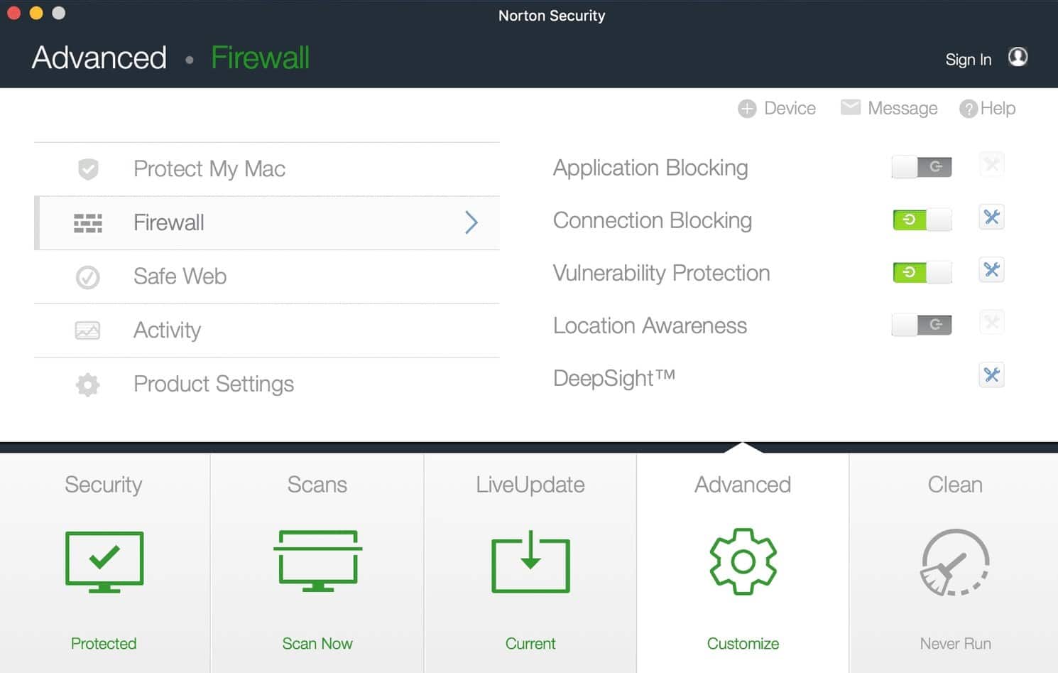 The Norton Antivirus interface