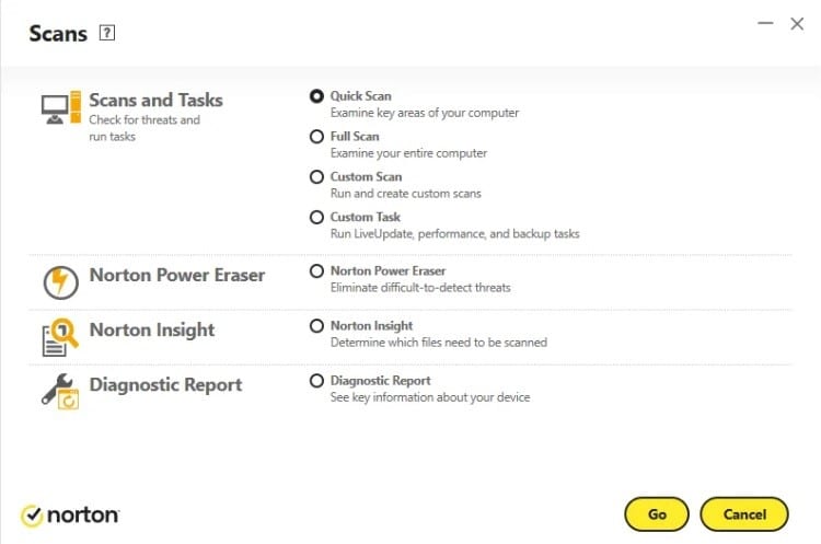 Norton's scan options