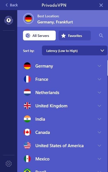 PrivadoVPN's server list