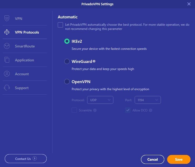 Tunneling protocols for PrivadoVPN