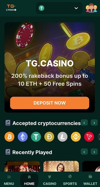 TG.Casino Mobile App Homepage