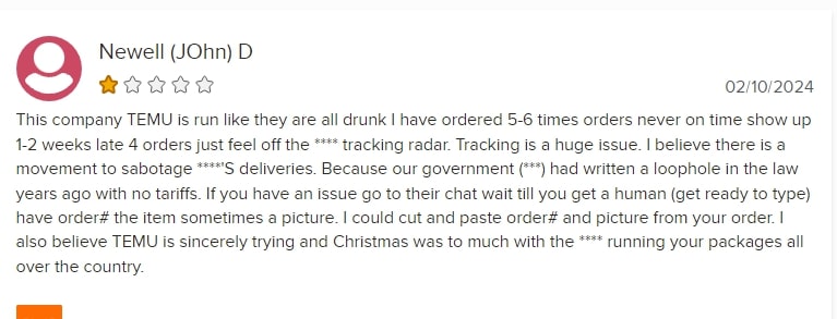 A user review of Temu on Better Business Bureau