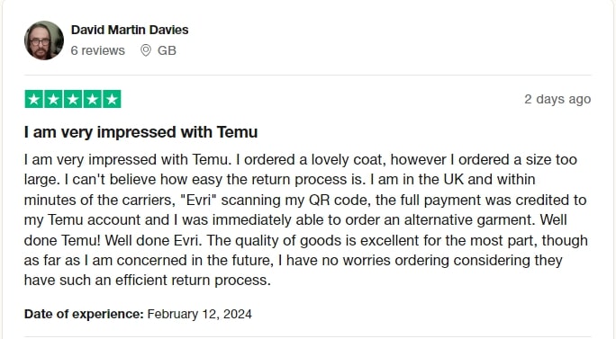 A user review of Temu on TrustPilot