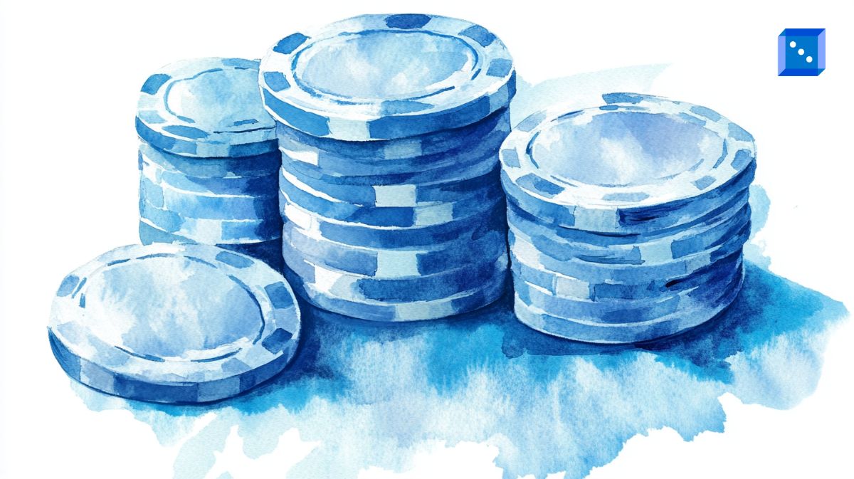A watercolor-style illustration of stacked blue poker chips, with a soft and fluid artistic touch, emphasizing the texture and shading of the chips. The composition creates a serene, casino-themed aesthetic with cool blue tones.