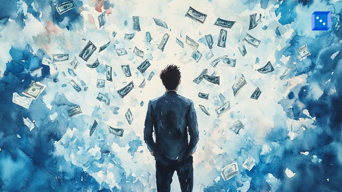 A watercolor painting of a man in a suit standing with his back to the viewer, watching as dollar bills float and swirl around him in a dreamlike, blue-toned atmosphere.