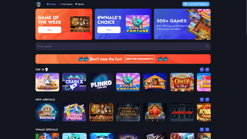 Whale.io Casino landing page