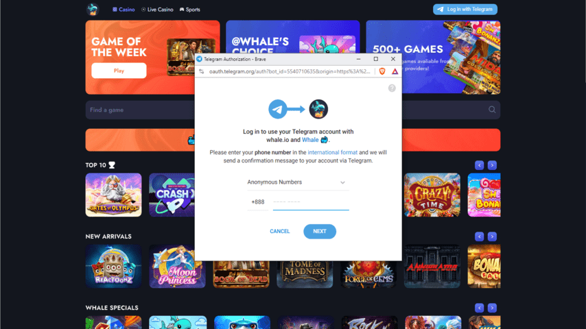 Signing up for Whale.io Casino