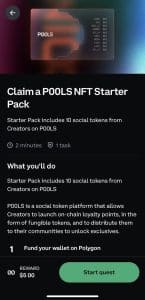 Claiming a P00LS NFT starter pack to earn 00 token