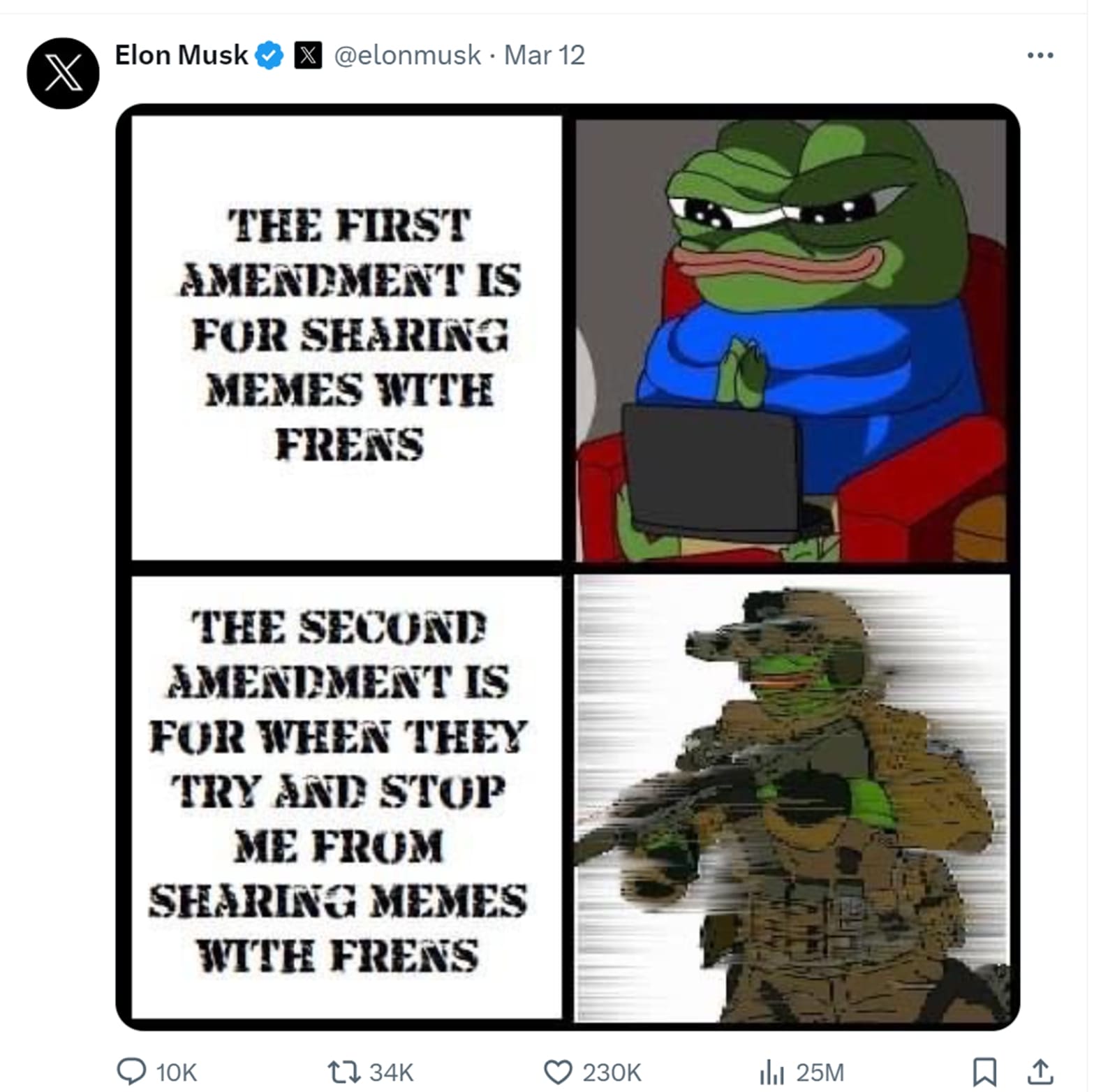 Elon Musk's tweet in which he shares Pepe meme