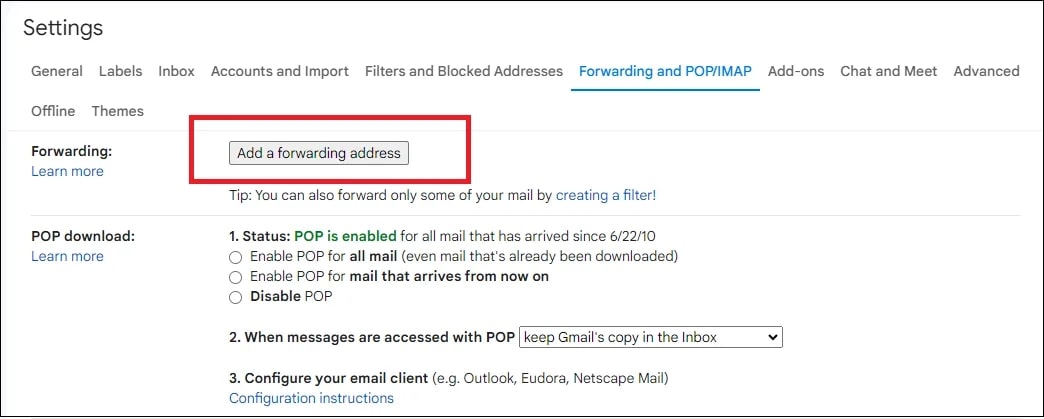 Set up Gmail forwarding