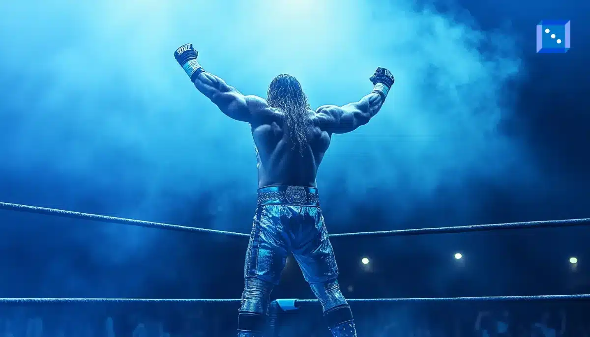 A muscular wrestler with flowing hair raises his arms in triumph under blue lighting, celebrating in the ring surrounded by fog.