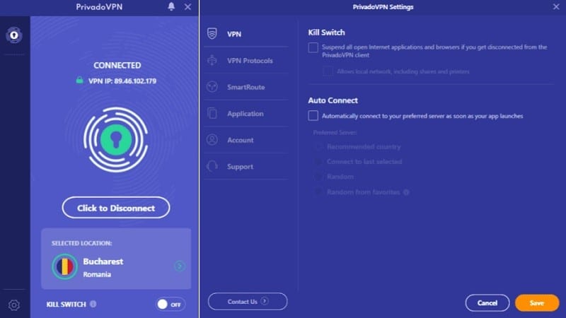 PrivadoVPN Interface