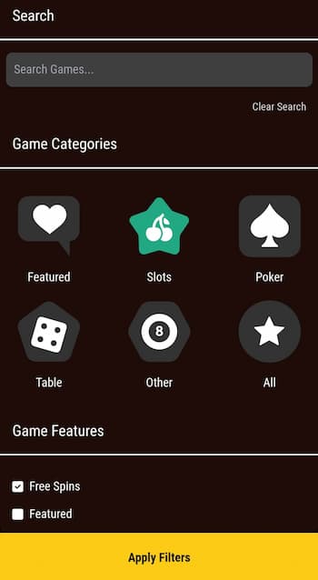 The Lucky Creek game library filter options