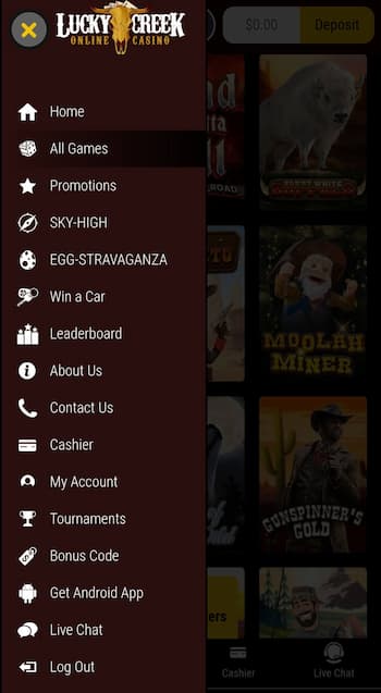 The main navigation menu at Lucky Creek on mobile