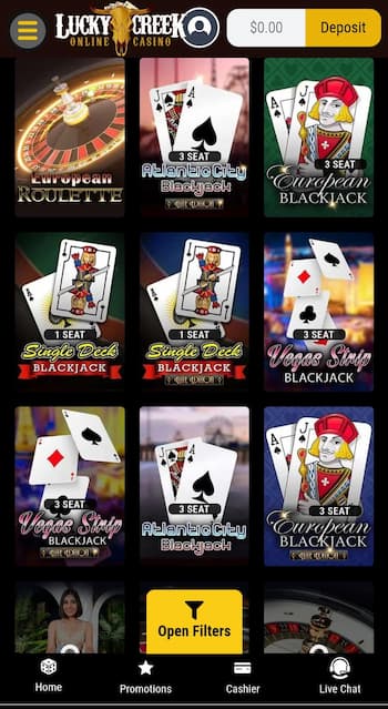 The selection of Lucky Creek table games from the game library