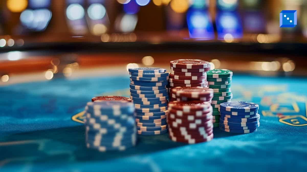 A close-up of colorful poker chips stacked on a casino table with a blurred background of slot machines and glowing lights. The chips, in red, blue, and green, symbolize the high stakes and thrill of professional poker.
