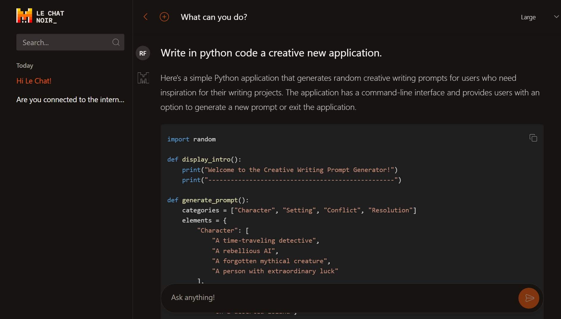 We asked Mistral AI to write a creative application using Python. This is what we got. (Techopedia/Mistral)